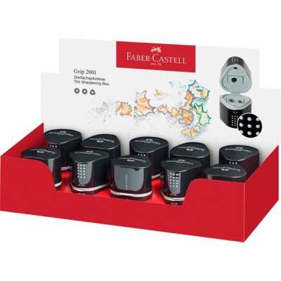 Hegyező display, háromlyukú, tartályos, FABER-CASTELL "Grip 2001 Trio", fekete
