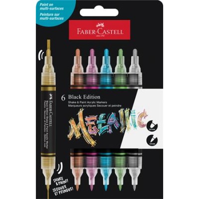 Dekormarker készlet, 1,0/3,0 mm, kétvégű, akril, FABER-CASTELL "Shake&Paint", 6 különböző metál szín