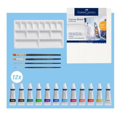 Akrilfesték készlet festővászonnal, tubusos, FABER-CASTELL "Creative Studio", 12 különböző szín