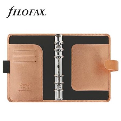 Kalendárium, gyűrűs, betétlapokkal, personal méret, FILOFAX, "Saffiano Metallic", rózsaarany