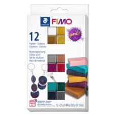Gyurma, készlet, 12x25 g, égethető, FIMO "Effect Colours", 12 különböző csillámos szín