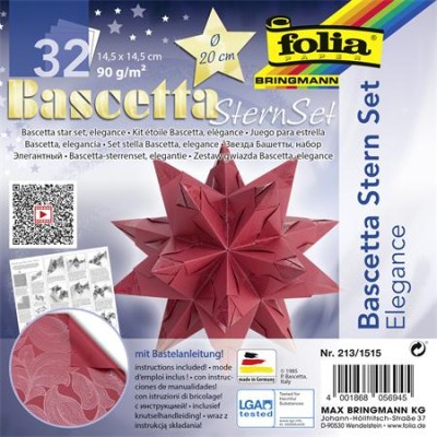 Bascetta csillag készlet, 14,5x14,5 cm, 90 g, 32 lap, FOLIA, piros-dzsungel