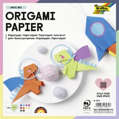 Origami papír, 20x20 cm, 70 g, 500 lap, FOLIA, vegyes színek