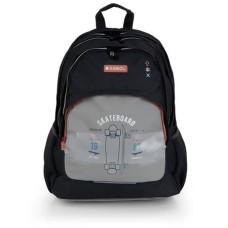 Hátizsák, iskolatáska, cipzáras, GABOL "Trick", szürke-fekete, gördeszka