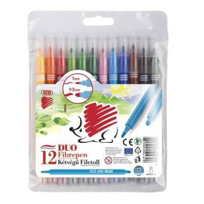 Filctoll készlet, 1/3 mm, kétvégű, ICO "Süni 300 DUO", 12 különböző szín