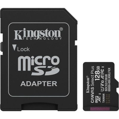 Memóriakártya, microSDXC, 128GB, C10/UHS-I/U1/V10/A1, Gen3, adapter, KINGSTON "Canvas Select Plus"