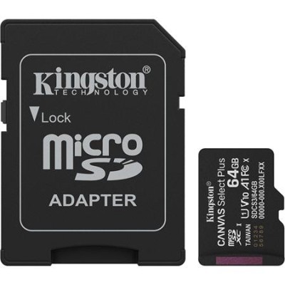 Memóriakártya, microSDXC, 64GB, C10/UHS-I/U1/V10/A1, Gen3, adapter, KINGSTON "Canvas Select Plus"