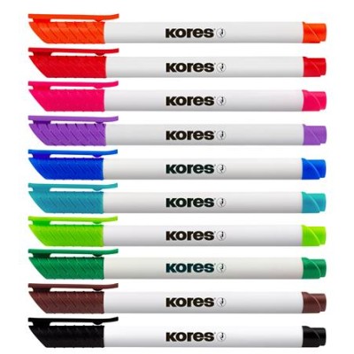 Tábla- és flipchart marker készlet, 1-3 mm kúpos, KORES "K-Marker", 10 különböző szín