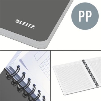 Spirálfüzet, A4, kockás, 90 lap, PP borító, LEITZ "Office", szürke-kék