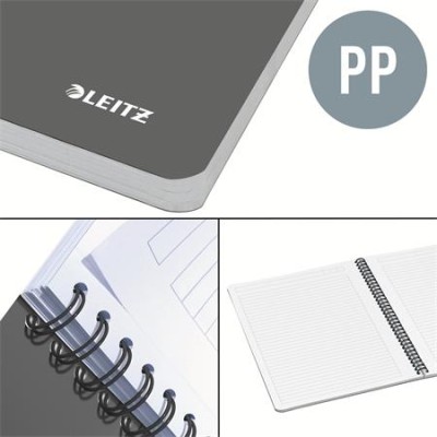 Spirálfüzet, A4, vonalas, 90 lap, PP borító, LEITZ "Office", szürke-piros