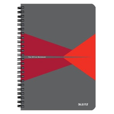 Spirálfüzet, A5, kockás, 90 lap, PP borító, LEITZ "Office", szürke-piros
