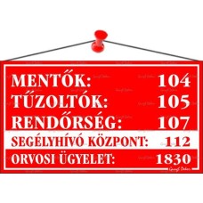 Információs tábla, 22,5x12,5 cm, "Mentők tűzoltók, rendőrség telefonszámok", piros