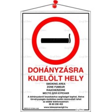 Információs tábla, 21x31 cm, többnyelvű, "Dohányzásra kijelölt hely"