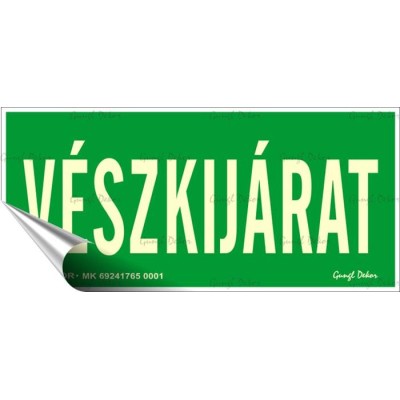 Információs matrica, 25x11,5 cm, fluoreszkáló, utánvilágítós, "Vészkijárat"