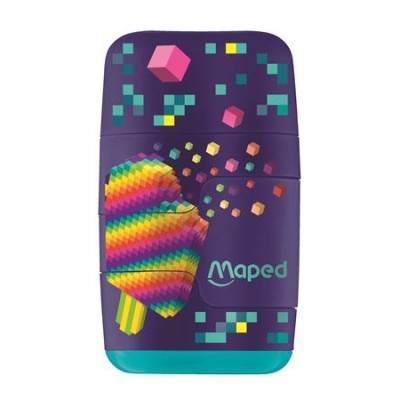 Hegyező és radír, kétlyukú, tartályos, pótradírral, MAPED "Pixel Party Connect"