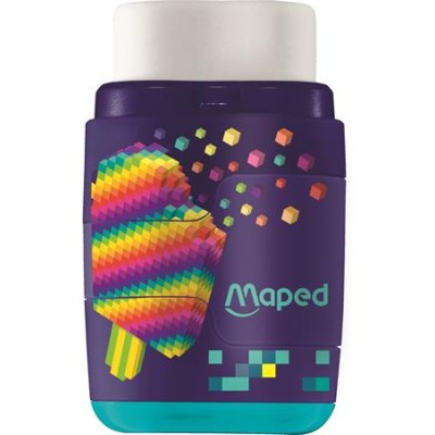 Hegyező és radír, kétlyukú, tartályos, pótradírral, MAPED "Pixel Party Connect"