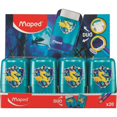 Hegyező és radír display, kétlyukú, tartályos, MAPED "Connect Dragon", sárkány