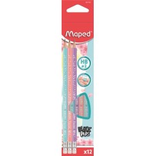 Grafitceruza radírral, HB, háromszögletű, MAPED "Black`Peps Pastel", vegyes pasztell színek