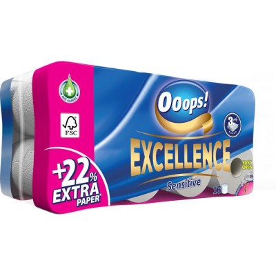 Toalettpapír, 3 rétegű, kistekercses, 16 tekercs, OOOPS "Excellence"