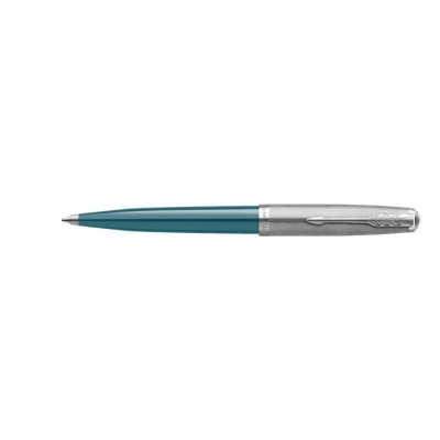 Golyóstoll, 0,7 mm rotációs, ezüst színű klip, türkiz tolltest, PARKER "Royal 51 Core", fekete
