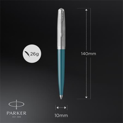 Golyóstoll, 0,7 mm rotációs, ezüst színű klip, türkiz tolltest, PARKER "Royal 51 Core", fekete