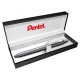 Zseléstoll, 0,35 mm, nyomógombos, ezüst tolltest, PENTEL "EnerGel BL-407" fekete, ajándék kék tollbetéttel