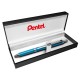 Zseléstoll, 0,35 mm, nyomógombos, égszínkék tolltest, PENTEL "EnerGel BL-407" fekete, ajándék kék tollbetéttel