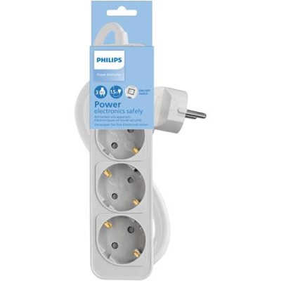 Elosztósor, 3 csatlakozóaljzat, 1,5 m kábel, PHILIPS, fehér Elosztósor, 3 csatlakozóaljzat, 1,5 m kábel, PHILIPS, fehér