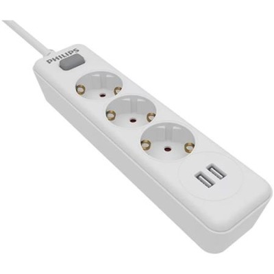 Elosztósor, 3 csatlakozóaljzat, 2xUSB-A, 2 m kábel, PHILIPS, fehér