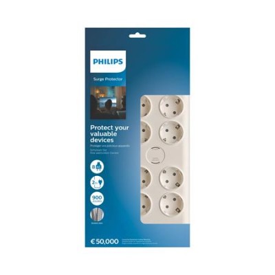 Elosztósor, 8 csatlakozóaljzat, túlfeszültség-védelemmel, 2 m kábel, PHILIPS, fehér