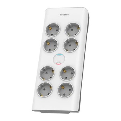 Elosztósor, 8 csatlakozóaljzat, túlfeszültség-védelemmel, 2 m kábel, PHILIPS, fehér