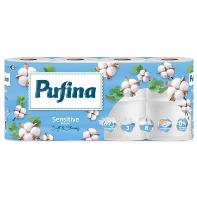 Toalettpapír, 3 rétegű, kistekercses, 8 tekercs, PUFINA "Sensitive Aquabond", illatmentes