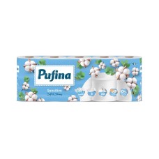 Toalettpapír, 3 rétegű, kistekercses, 10 tekercs, PUFINA "Sensitive Aquabond", illatmentes