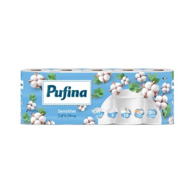 Toalettpapír, 3 rétegű, kistekercses, 10 tekercs, PUFINA "Sensitive Aquabond", illatmentes