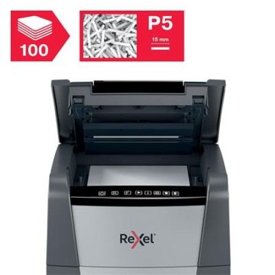Iratmegsemmisítő, mikrokonfetti, 100 lap, REXEL "Optimum AutoFeed+ 100M"