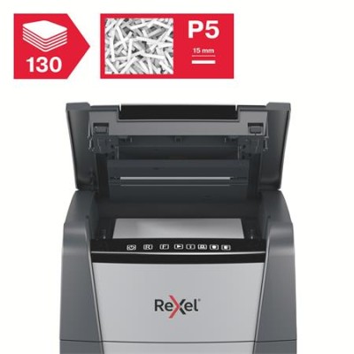 Iratmegsemmisítő, mikrokonfetti, 130 lap, REXEL, "Optimum AutoFeed+ 130M"