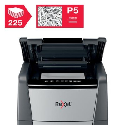 Iratmegsemmisítő, mikrokonfetti, 225 lap, REXEL, "Optimum AutoFeed+ 225M"
