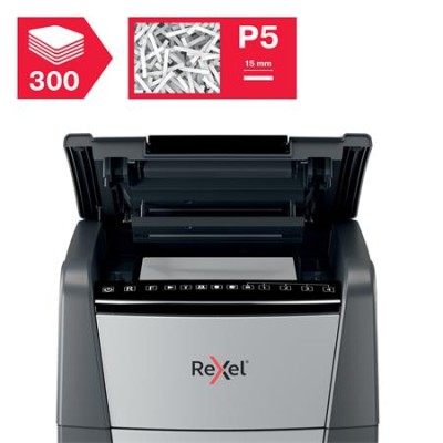 Iratmegsemmisítő, mikrokonfetti, 300 lap, REXEL, "Optimum AutoFeed+ 300M"