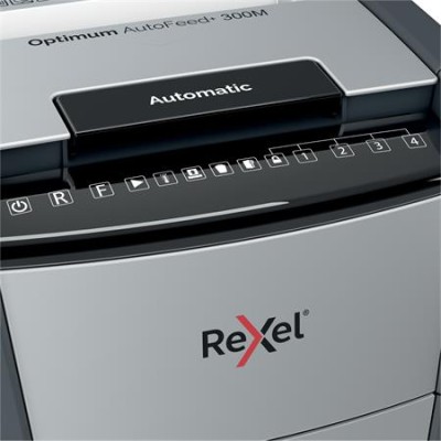 Iratmegsemmisítő, mikrokonfetti, 300 lap, REXEL, "Optimum AutoFeed+ 300M"