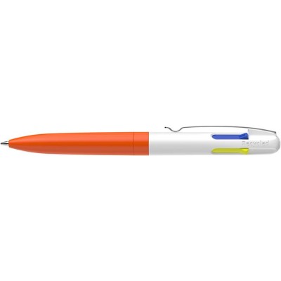Golyóstoll, 0,5 mm, nyomógombos, négyszínű, SCHNEIDER "Take 4 Neon", narancs-fehér