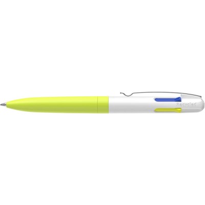 Golyóstoll, 0,5 mm, nyomógombos, négyszínű, SCHNEIDER "Take 4 Neon", sárga-fehér