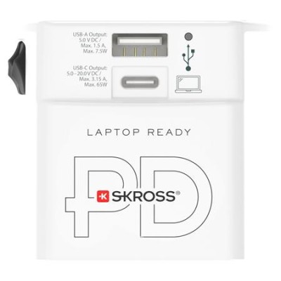 Adapter, világutazóknak, 1xUSB-A, 1xUSB-C PD, 65W, USB-C kábel, SKROSS