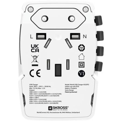 Hálózati töltő, világutazóknak, 1xUSB-A, 1xUSB-C PD, 65W, USB-C kábel, SKROSS