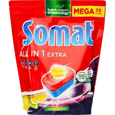 Mosogatógéptabletta, 75 db, SOMAT "All in 1 Extra", Lemon&Lime