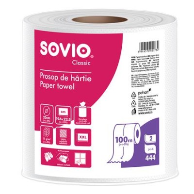 Törlőpapír, tekercses, 100 m, 20 cm átmérő, 2 rétegű, SOVIO, hófehér