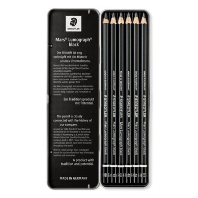 Grafitceruza készlet, fém doboz, hatszögletű, STAEDTLER "Mars Lumograph 100B", 6 különböző keménység, fekete