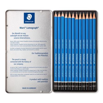 Grafitceruza készlet, fém doboz, hatszögletű, STAEDTLER "Mars Lumograph 100", 12 különböző keménység