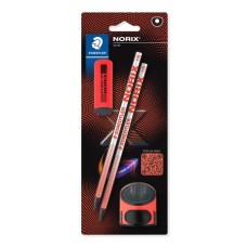 Grafitceruza készlet, hegyezővel, radírral, HB, STAEDTLER "Norix® 181", piros