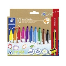 Filctoll készlet, grafitceruzával, radírral, 3 mm, háromszögletű, STAEDTLER "Noris® jumbo 328", 10+1 szín