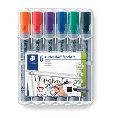 Flipchart marker készlet, 2 mm, kúpos, STAEDTLER "Lumocolor 356", 6 különböző szín